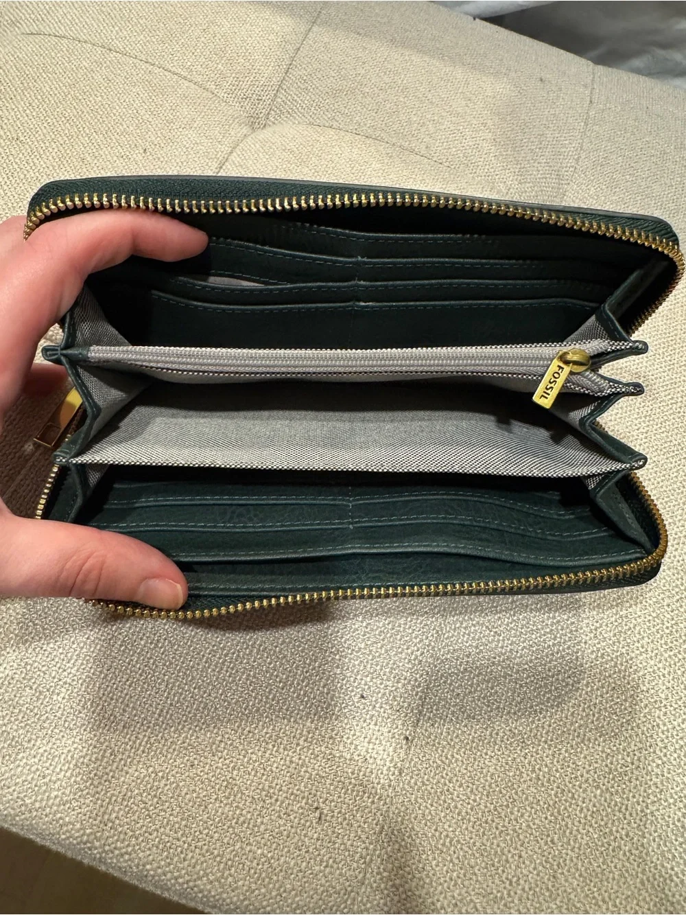 Fossil Green Leather Zip Wallet with Gold Accents